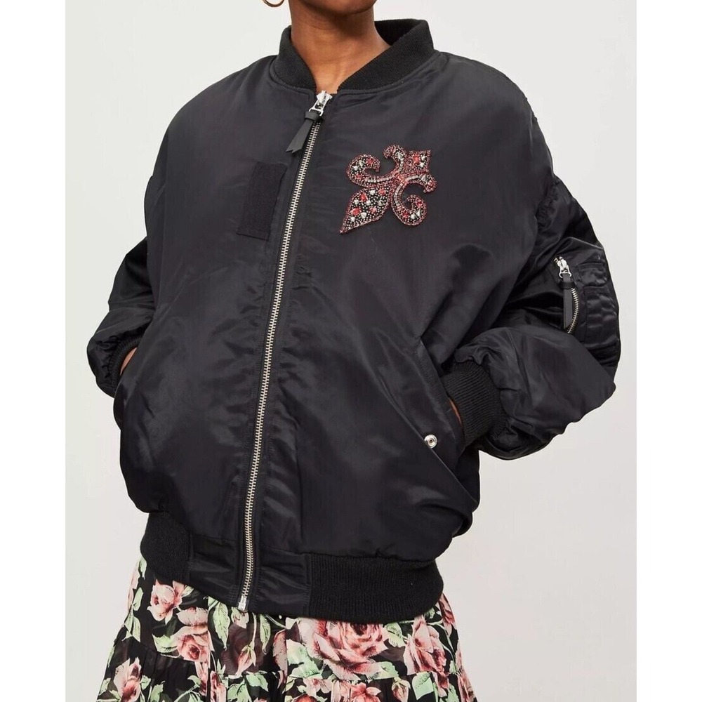 The KOOPLES Black Bomber Jacket fleur de lis Designer Embellished Small NWT